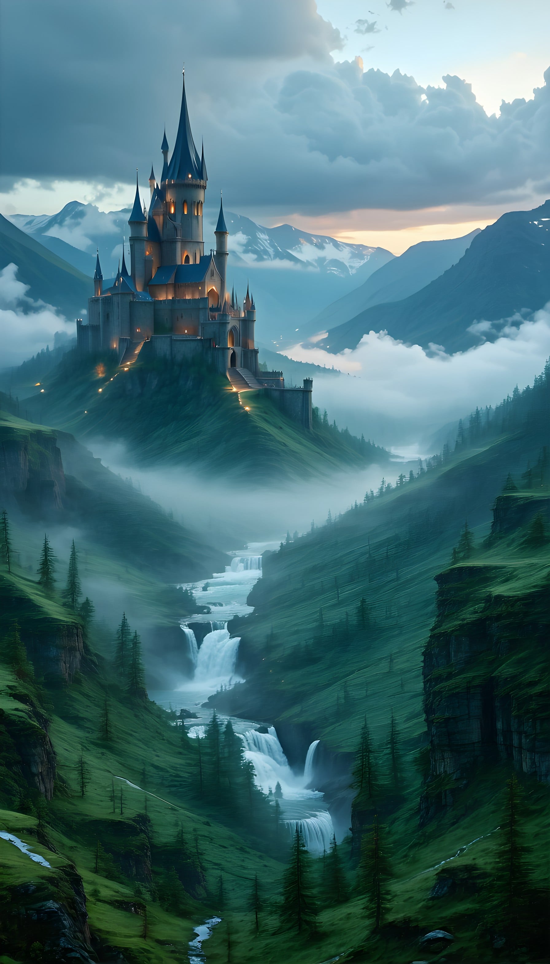 Enchanted Castle Misty Valley Waterfall Wallpaper, fantasy, castle, valley, waterfall, misty, magical