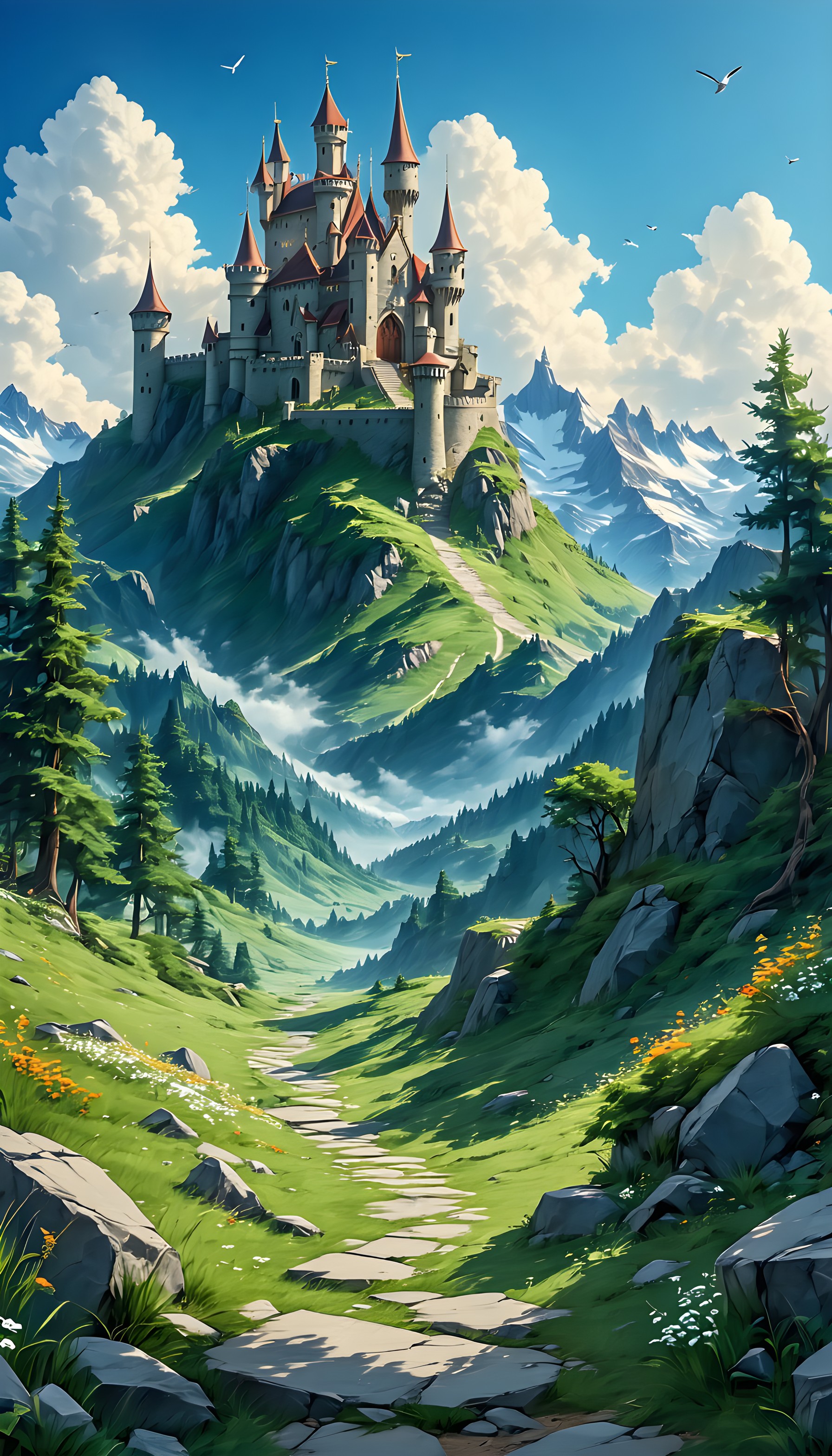 Enchanted Mountain Castle Valley Landscape Wallpaper, fantasy castle, mountain landscape, enchanted valley, fairytale art, lush green, blue sky