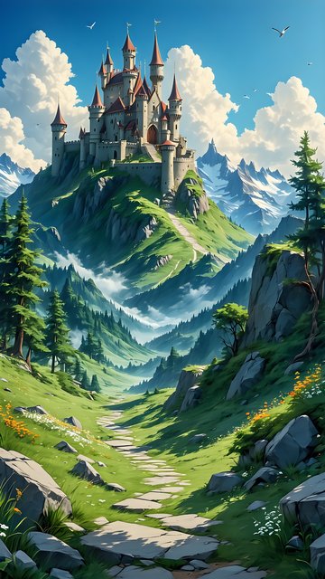Enchanted Mountain Castle Valley Landscape Wallpaper