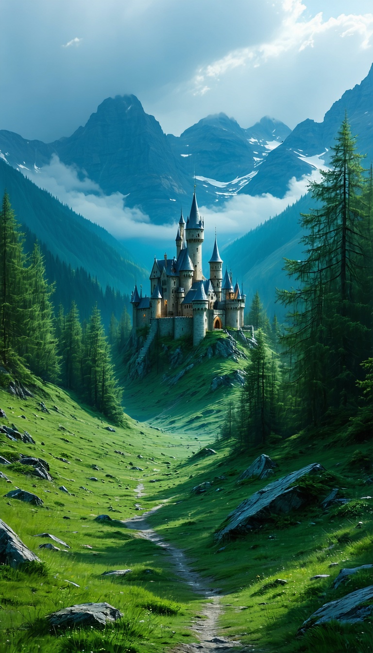 산중의 성, Castle, Mountain, Landscape, Fantasy, Nature, Green