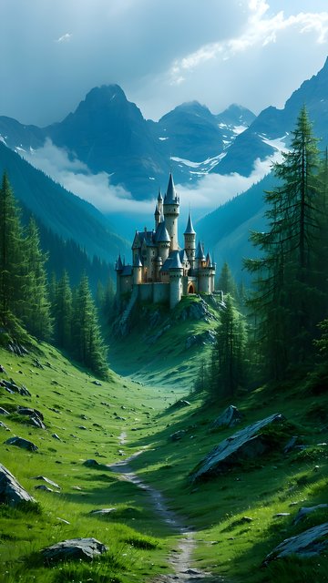 Enchanted Castle in Lush Mountain Valley Wallpaper