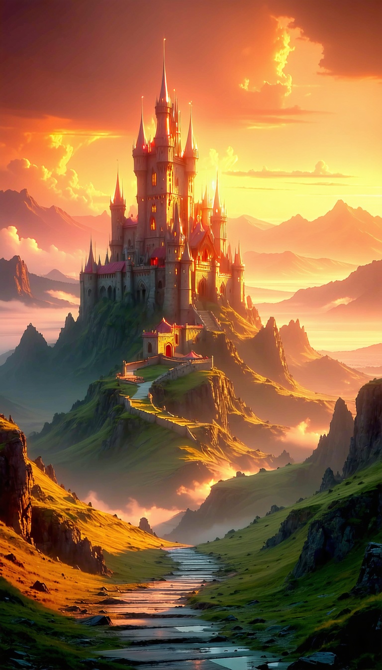 황홀한 석양 아래의 성, 성, 캐슬, 석양, 황혼, 산, 풍경