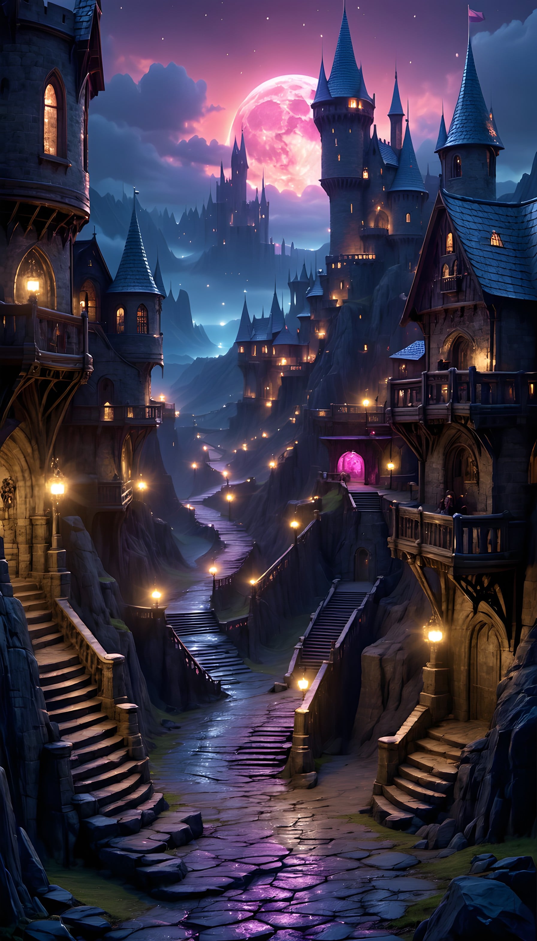 Enchanted Fantasy Castle City Under Pink Moonlit Sky, fantasy castle, magical city, pink moon, enchanted night, glowing lights, wizarding world