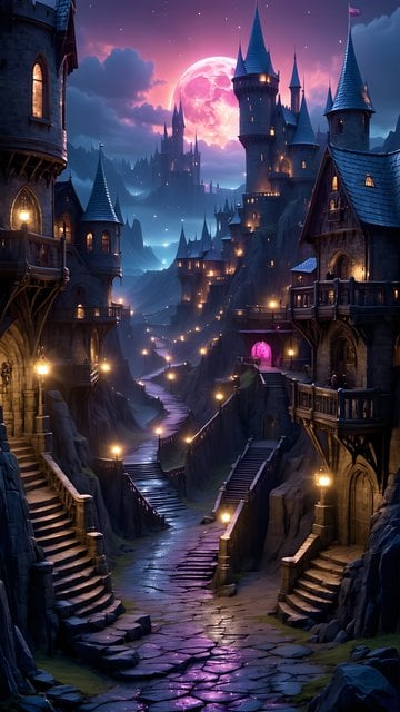 Enchanted Fantasy Castle City Under Pink Moonlit Sky