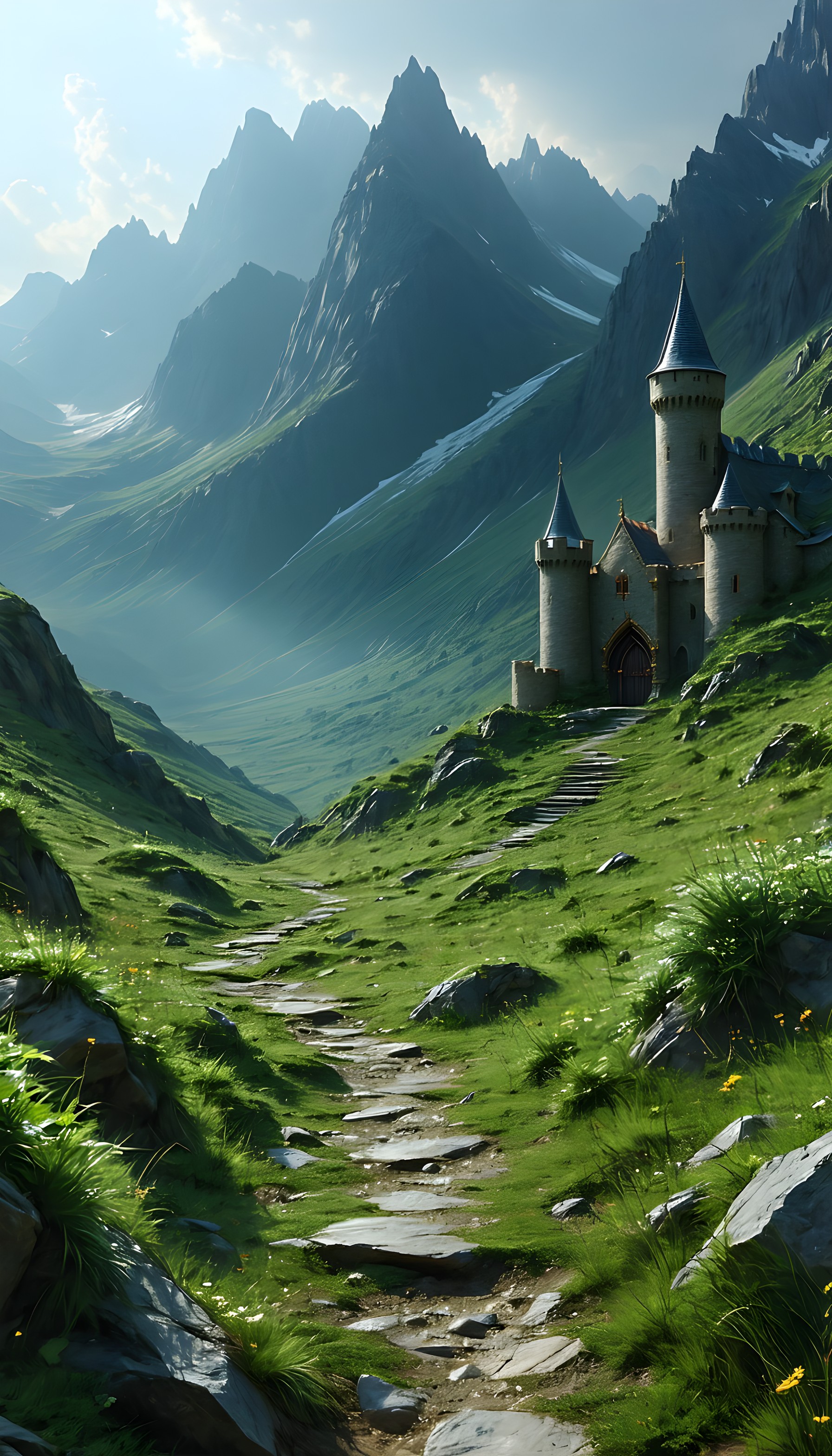 Fantasy Castle in Verdant Mountain Valley Wallpaper, fantasy, castle, mountains, valley, green, nature