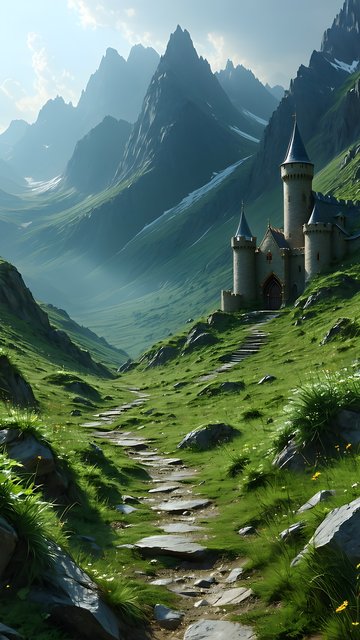 Fantasy Castle in Verdant Mountain Valley Wallpaper