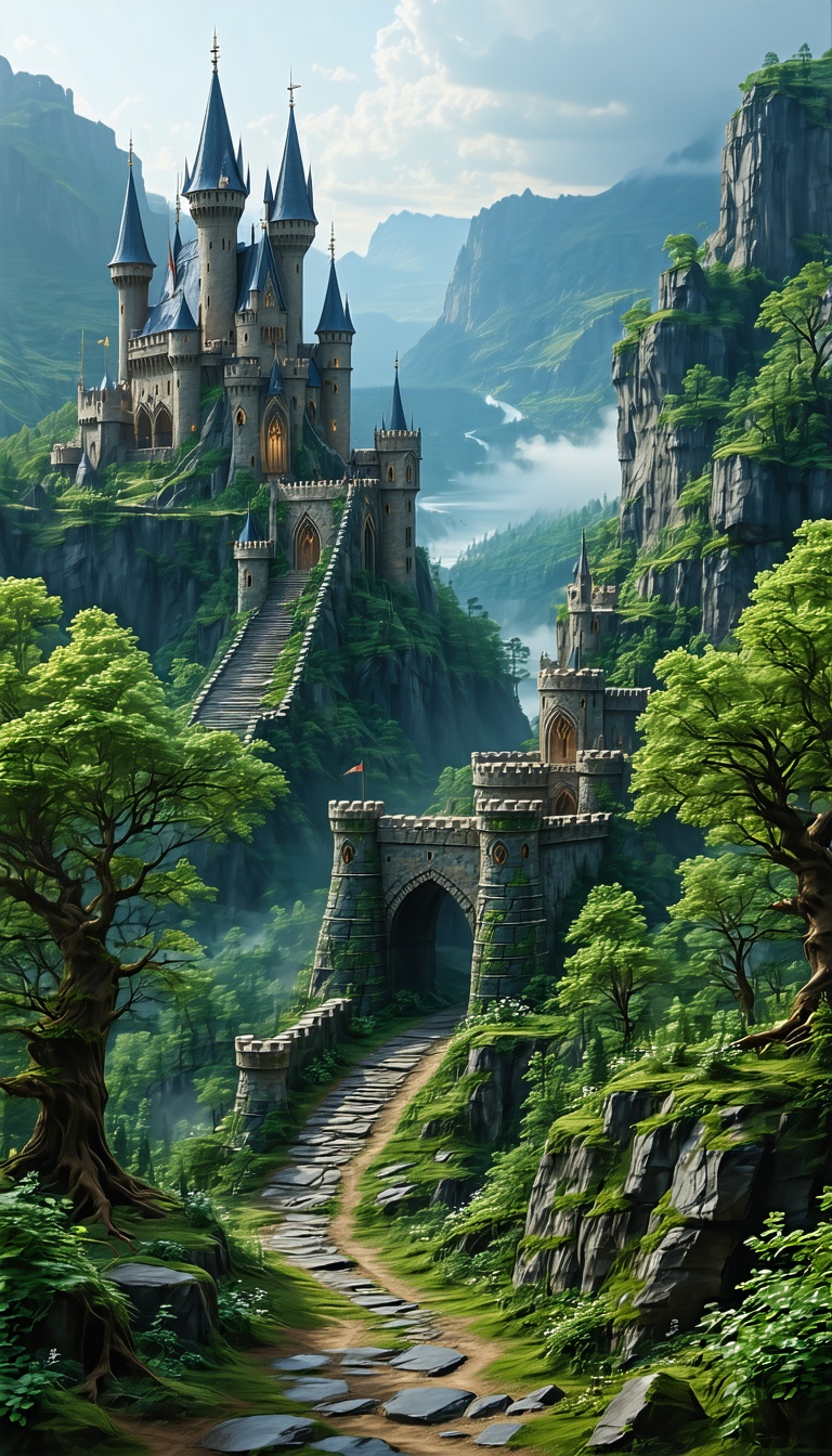 산 위의 중세 시대 성, 중세시대, 성, 판타지, 캐슬, 숲, 산