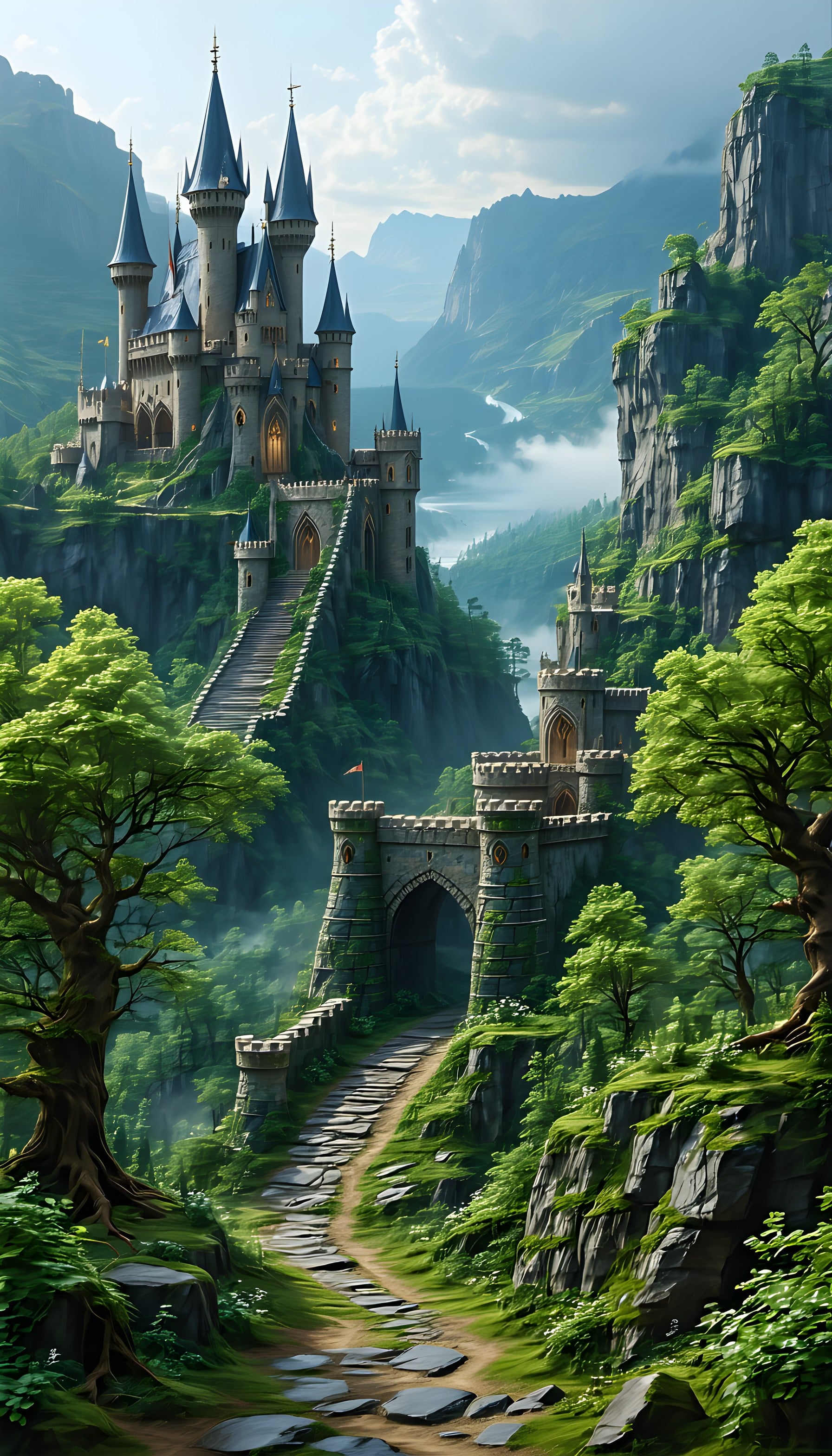 Fairytale Castle Valley: Enchanted Green Mountain View, castle, fantasy, enchanted landscape, mountains, fairytale, green valley