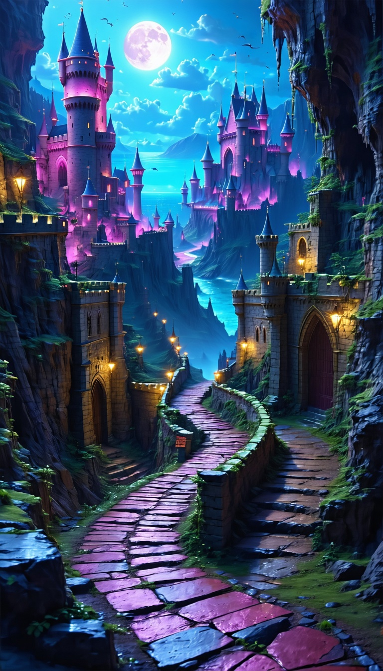 몽환적인 밤의 성곽 풍경, 성곽, 캐슬, 판타지, 밤, 달, 몽환적