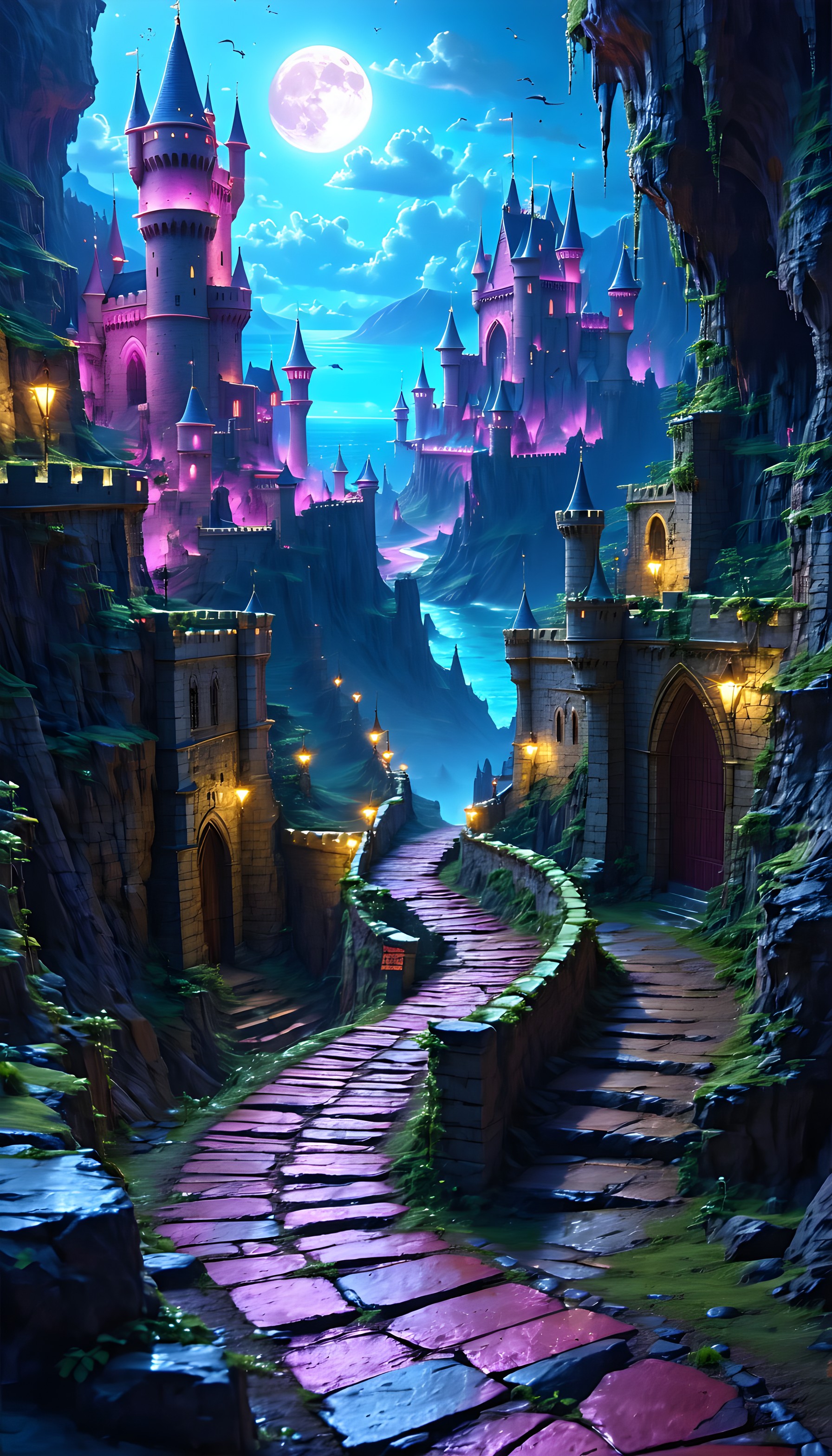 Magical Moonlight Castle Valley Wallpaper, fantasy, castle, moonlight, magic, enchanted, fairytale