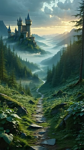 Fantasy Castle Misty Valley Path at Sunrise