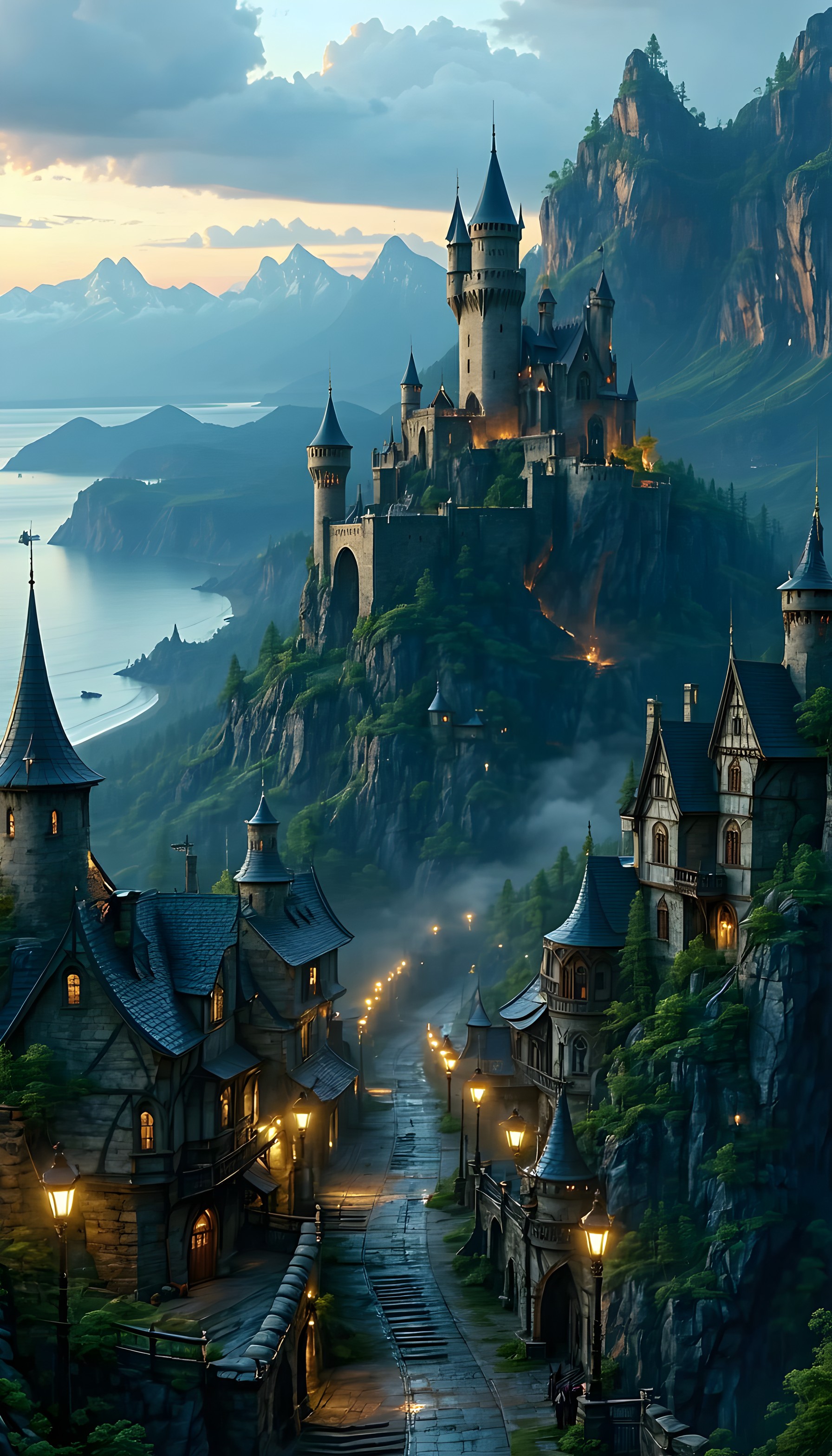 Enchanted Cliffside Castle Village at Twilight, fantasy, castle, enchanted village, medieval, twilight, mystical