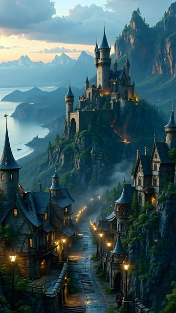 Enchanted Cliffside Castle Village at Twilight