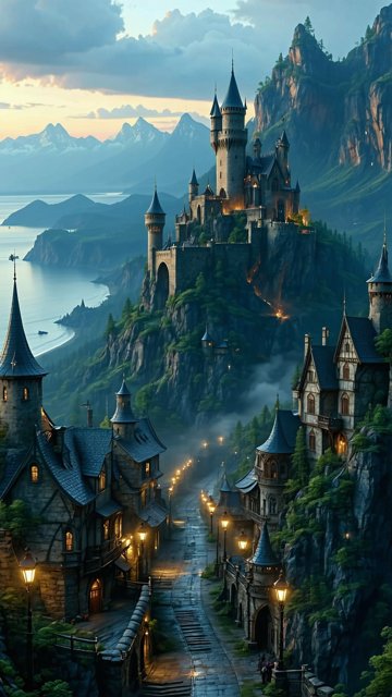 바다 위 웅장한 중세 마을