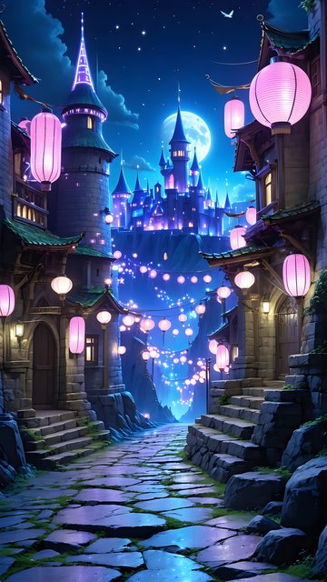 Enchanted Moonlit Castle Path: Fantasy Lantern Village