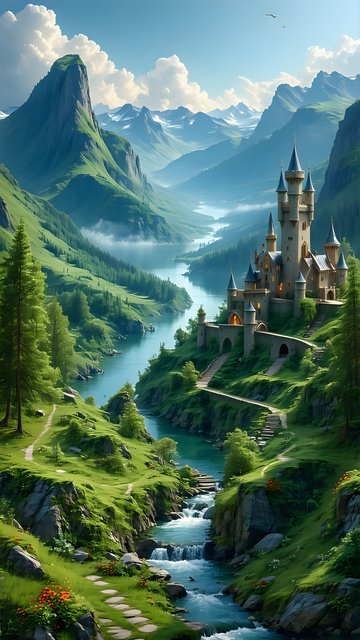 Fantasy Castle Valley: Lush Mountains & River Wallpaper