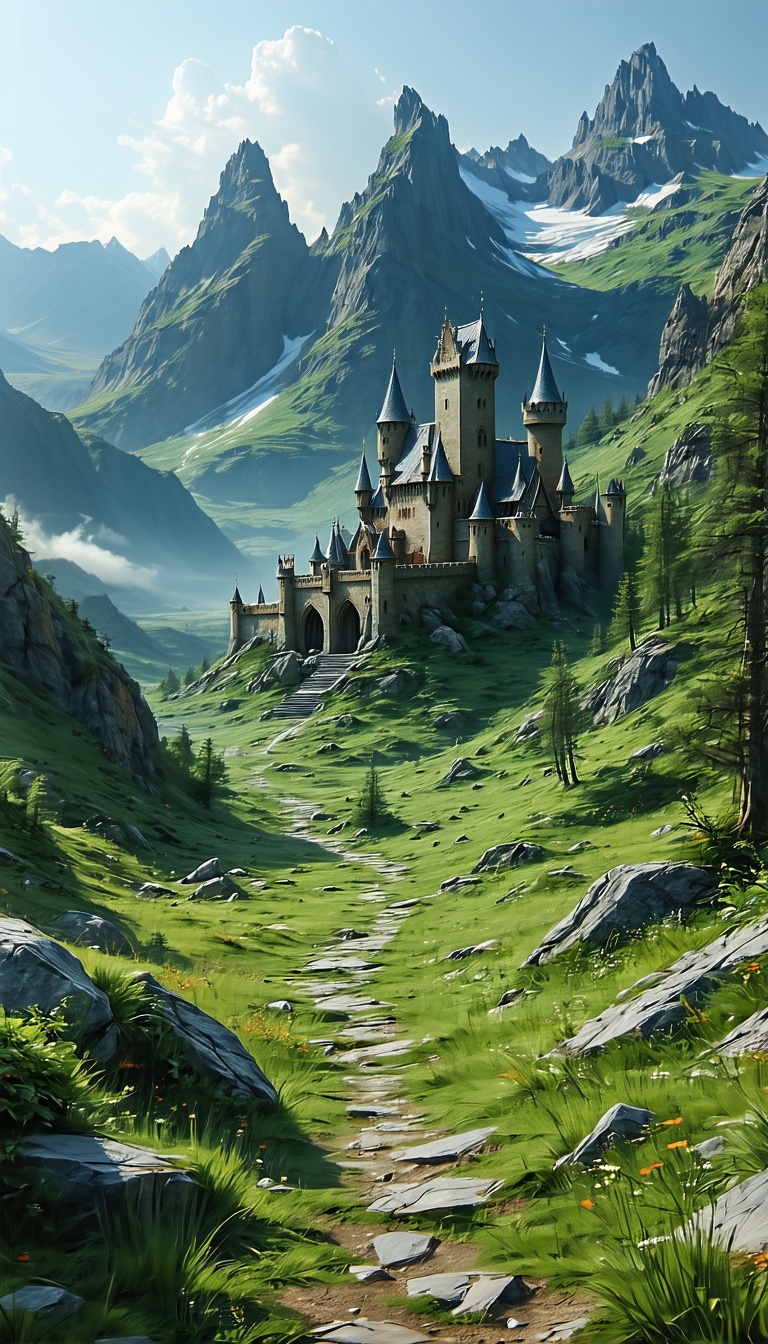 산 속 아름다운 성, 성, 산, 풍경, 자연, 판타지, 중세
