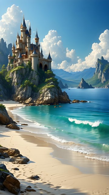 Enchanted Castle on Tropical Beach Coastline Wallpaper
