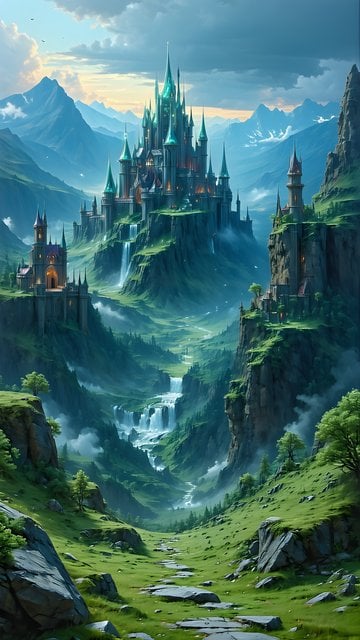 Emerald Castle Valley: Fantasy Mountain Kingdom Wallpaper