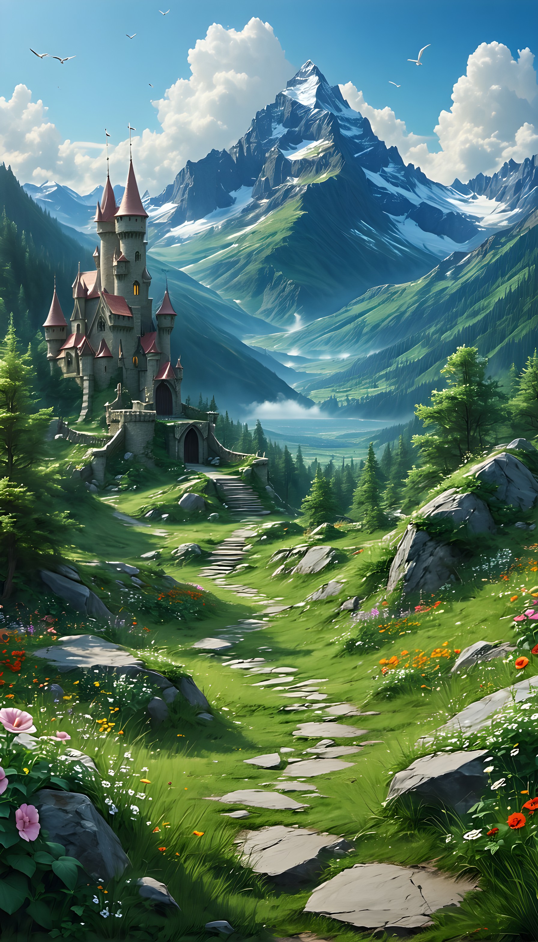 Enchanted Castle Mountain Valley Fairytale Wallpaper, enchanted castle, fantasy landscape, mountain valley, fairytale kingdom, lush greenery, snowy peaks