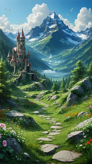 Enchanted Castle Mountain Valley Fairytale Wallpaper