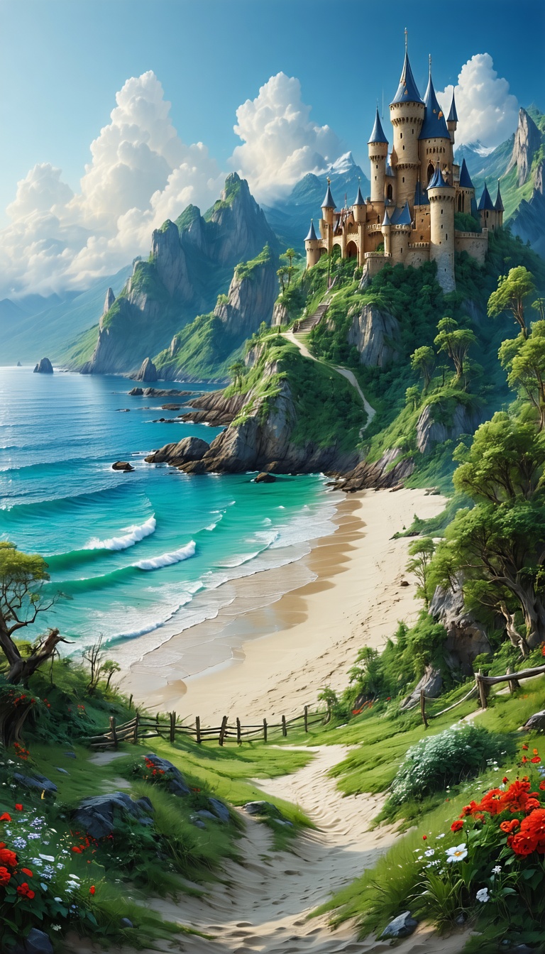 바닷가 절벽 위의 아름다운 성, 성, 캐슬, 바다, 해변, 절벽, 풍경