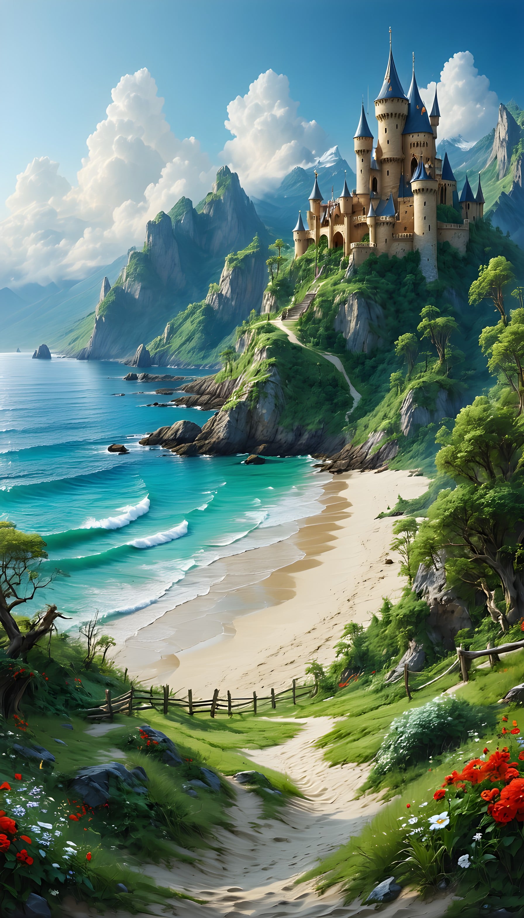 Enchanted Castle Beach Cliffside Fantasy Wallpaper, fantasy castle, beach wallpaper, turquoise ocean, magical landscape, fairytale, enchanting