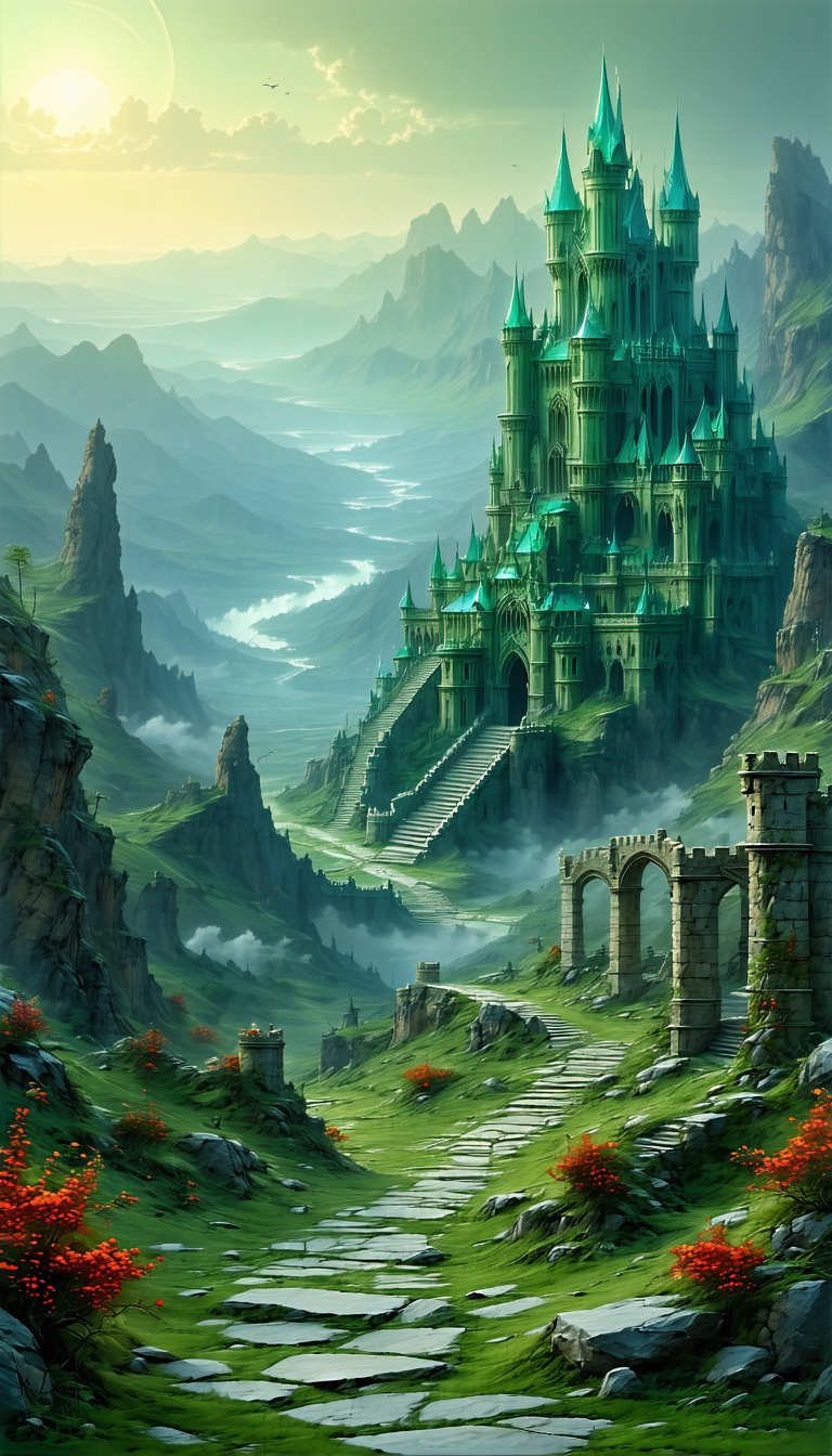 푸른 녹색 성과 아름다운 계곡, 판타지, 성, 계곡, 산맥, 초원, 풍경
