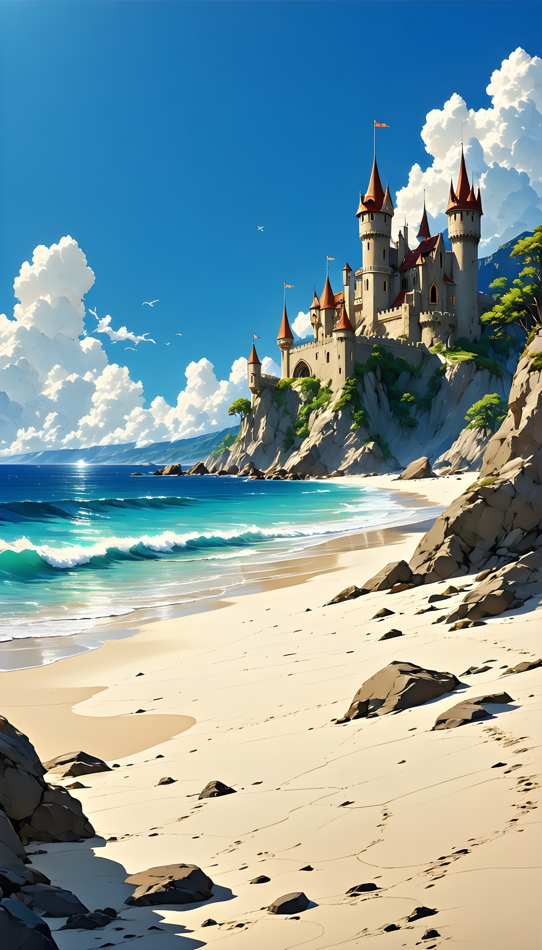 Fantasy Castle on Azure Coast Beach Wallpaper, fantasy castle, beach, ocean, cliffside, blue sky, turquoise water