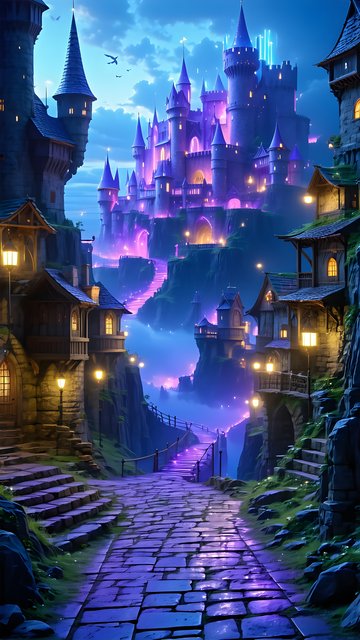 Enchanted Fantasy Castle Village Twilight Wallpaper