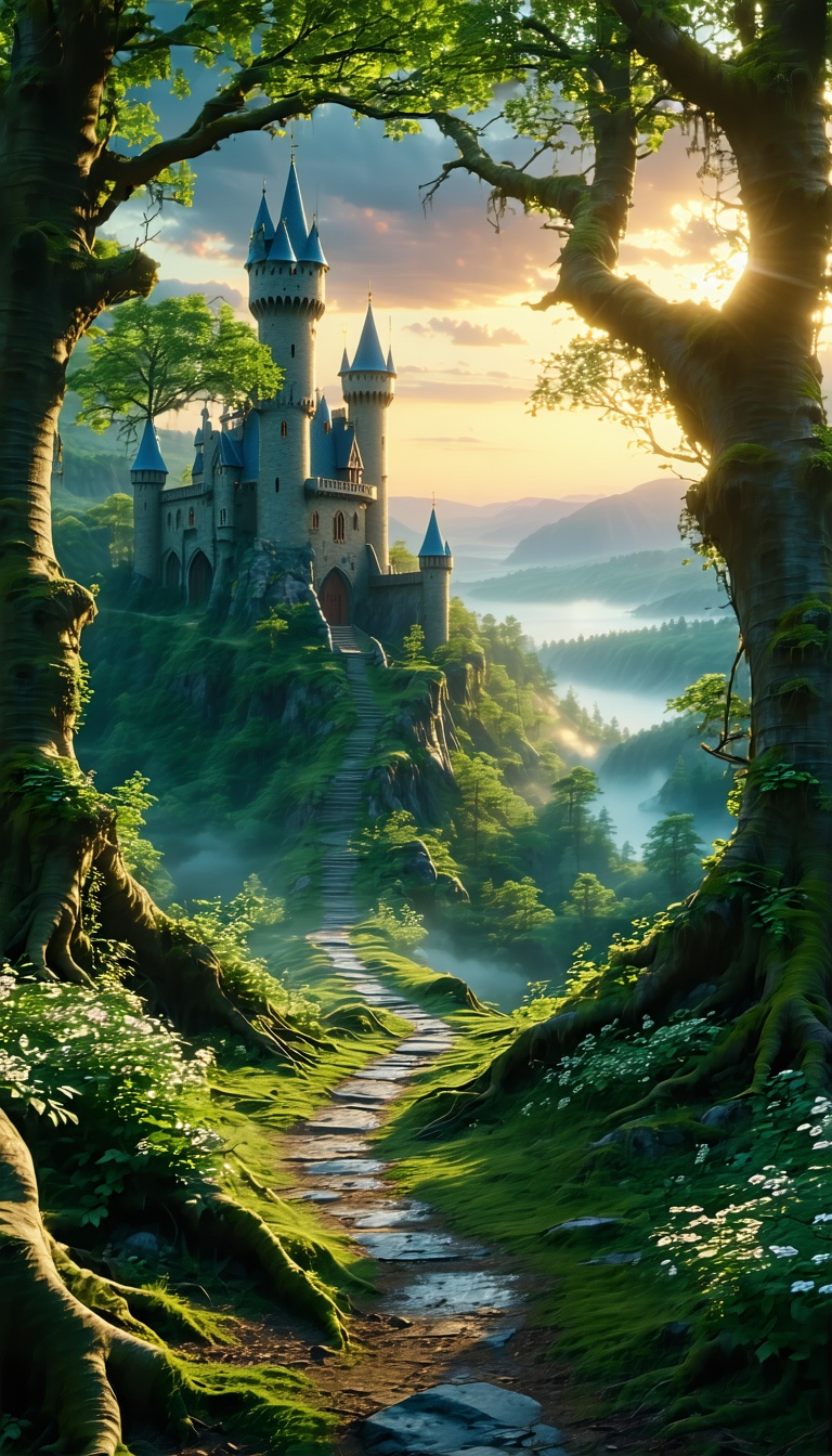 몽환적인 숲 속 성, fantasy, castle, forest, path, morning, sunrise