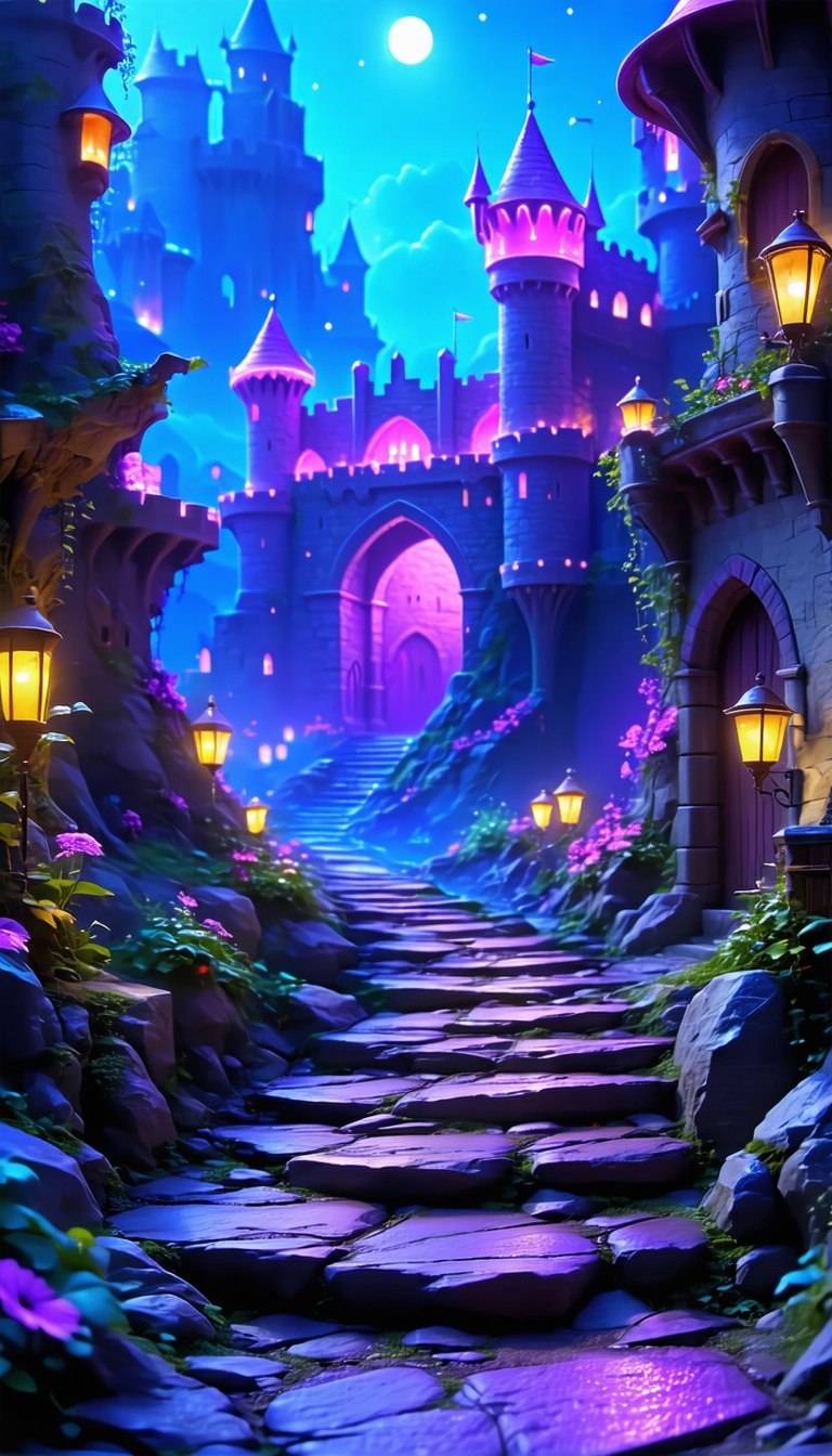 밤의 성곽길 풍경, 성곽, 밤, 풍경, 판타지, 달, 등불