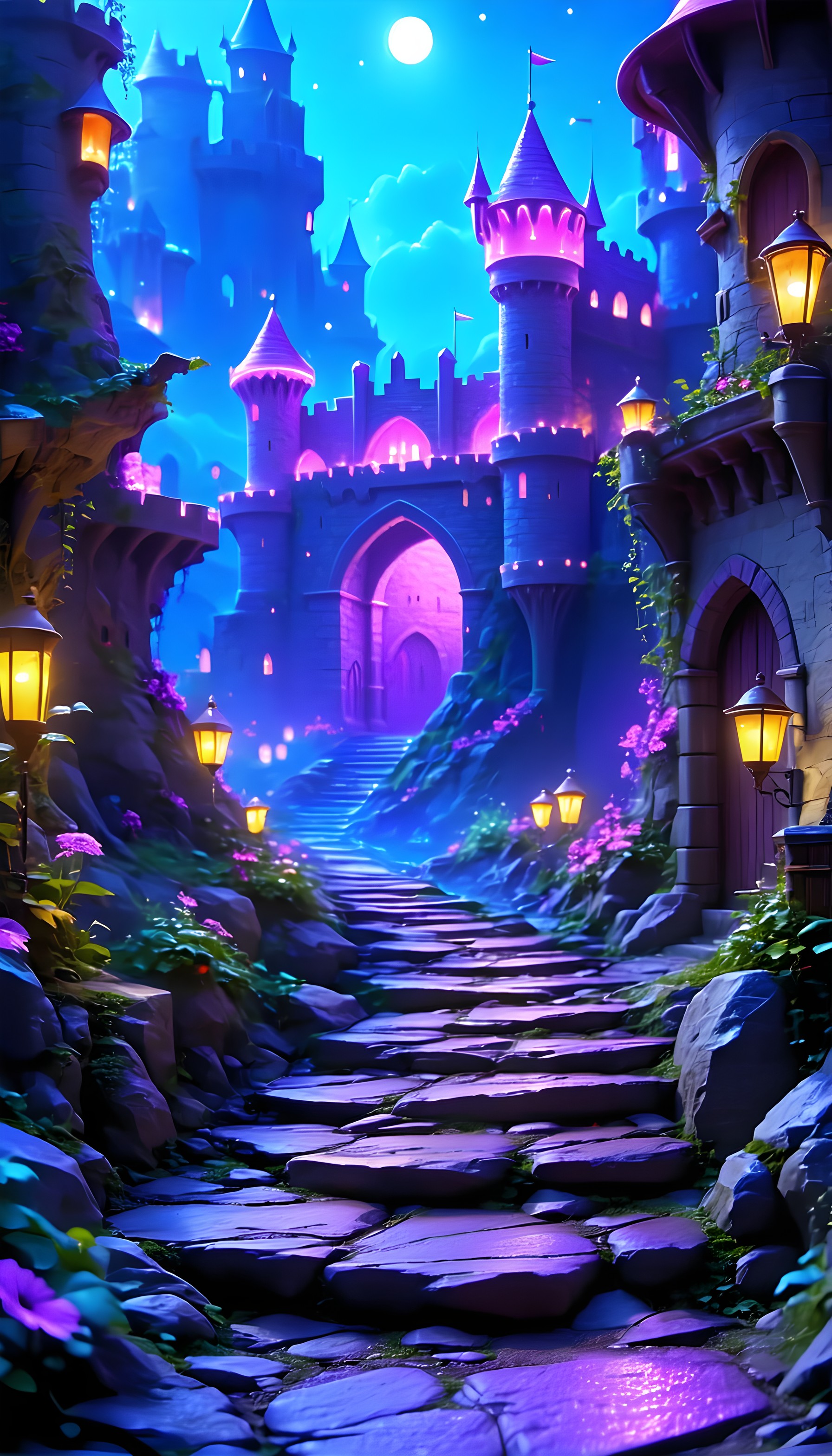 Enchanted Fantasy Castle Path under Moonlight, fantasy castle, enchanted night, magical glowing, purple wallpaper, blue aesthetic, moonlight scene