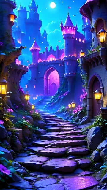 Enchanted Fantasy Castle Path under Moonlight