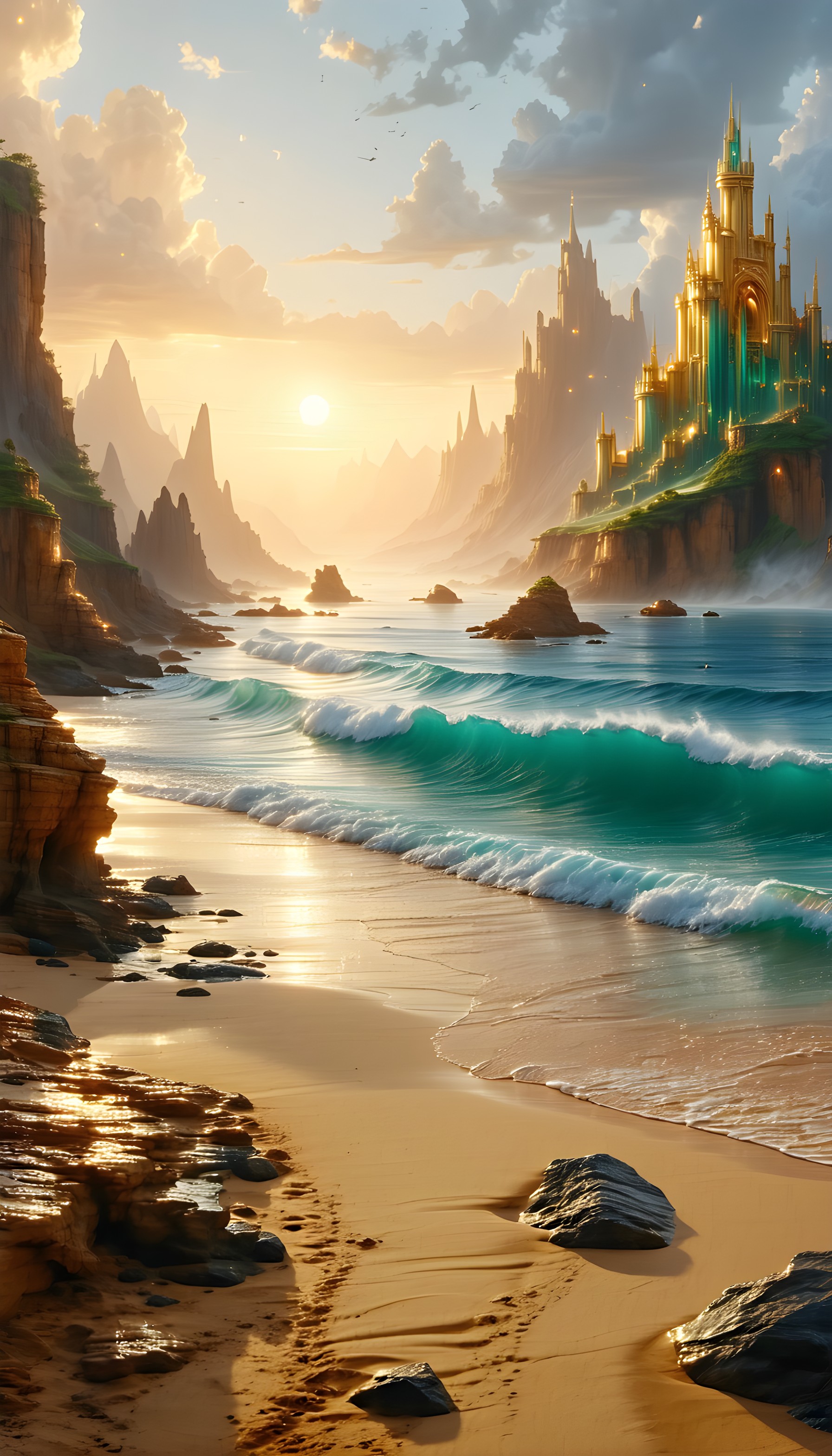 Magical Coastal Kingdom: Golden Sunset & Emerald Waves, fantasy castle, magical beach, golden sunset, emerald waves, dreamy landscape, digital art