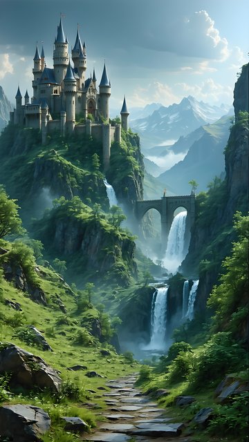 Fantasy Castle Valley Waterfalls Mobile Wallpaper