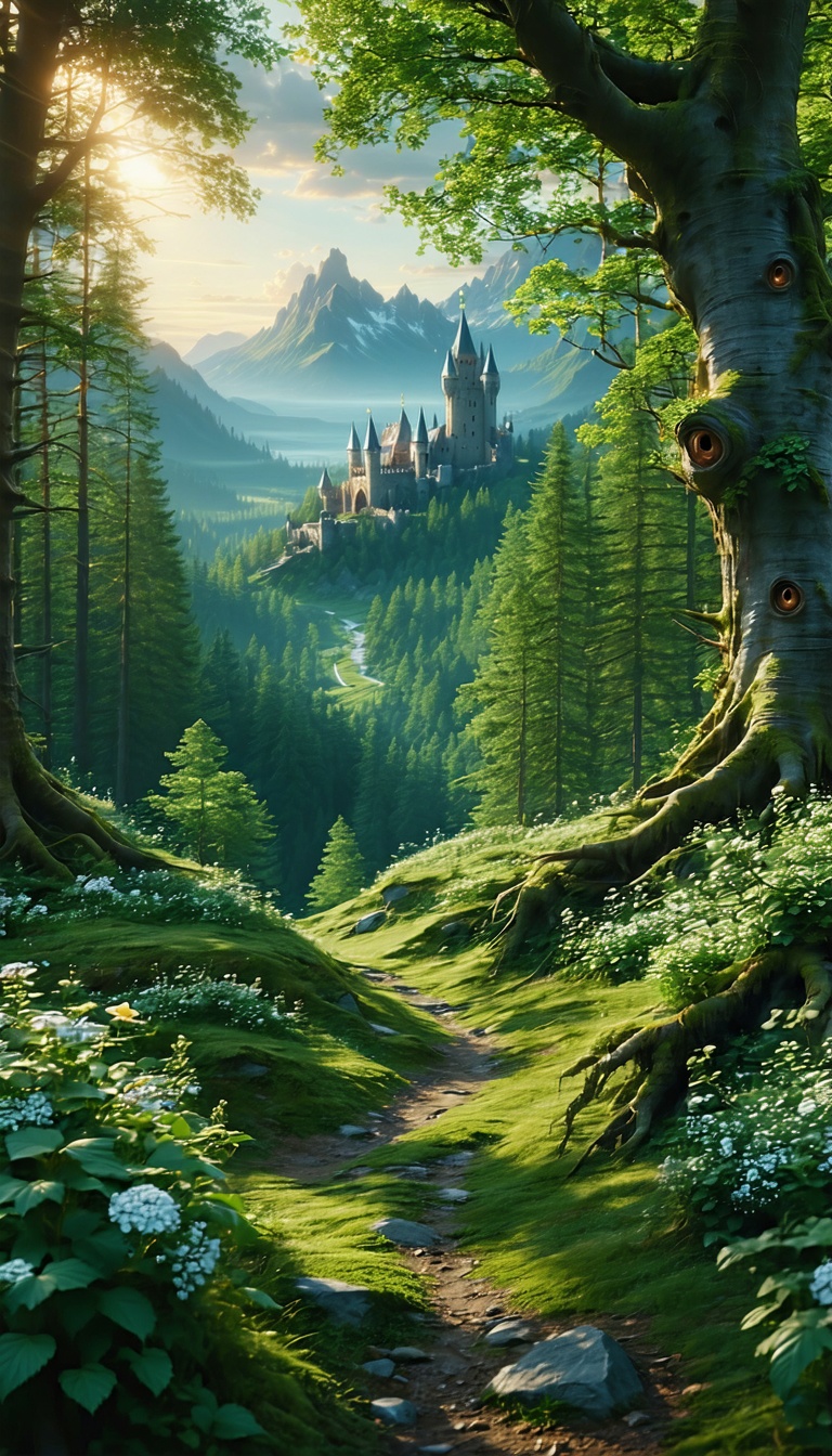 숲 속 오솔길과 멀리 보이는 성, 숲, 오솔길, 성, 산맥, 자연, 판타지