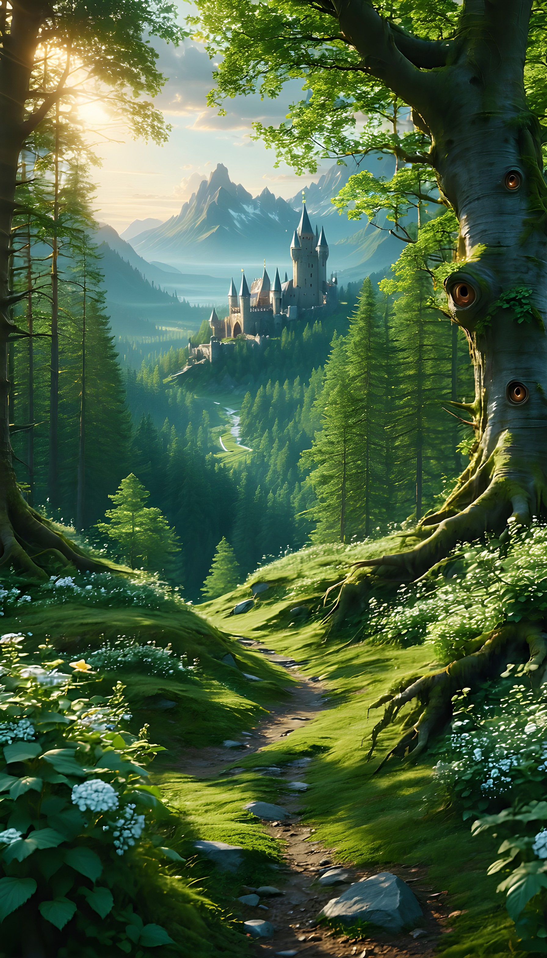 Enchanted Castle Valley Forest Path Sunlight, fantasy castle, enchanted forest, mountain valley, magical landscape, sunlit path, green aesthetic