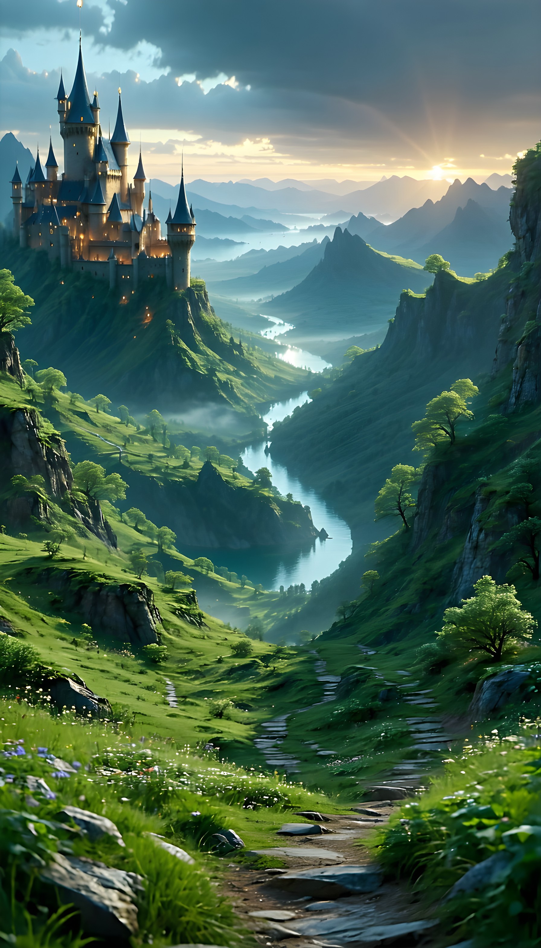 Enchanted Castle Valley Dawn: Fantasy Landscape, fantasy, castle, valley, river, mountains, dawn