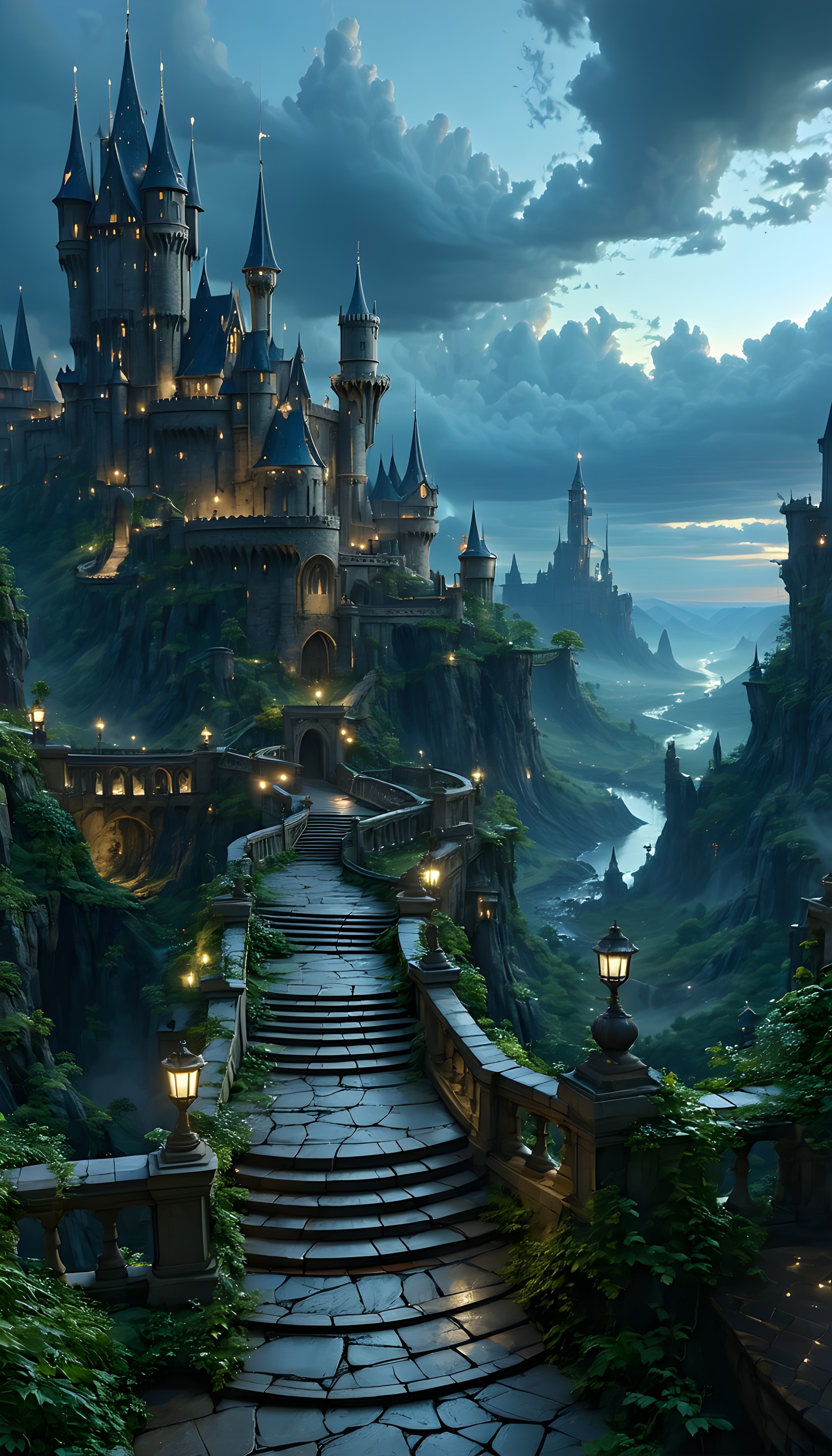 Enchanted Castle Path at Twilight Wallpaper, fantasy castle, enchanted kingdom, twilight wallpaper, magical landscape, mystic path, glowing lanterns