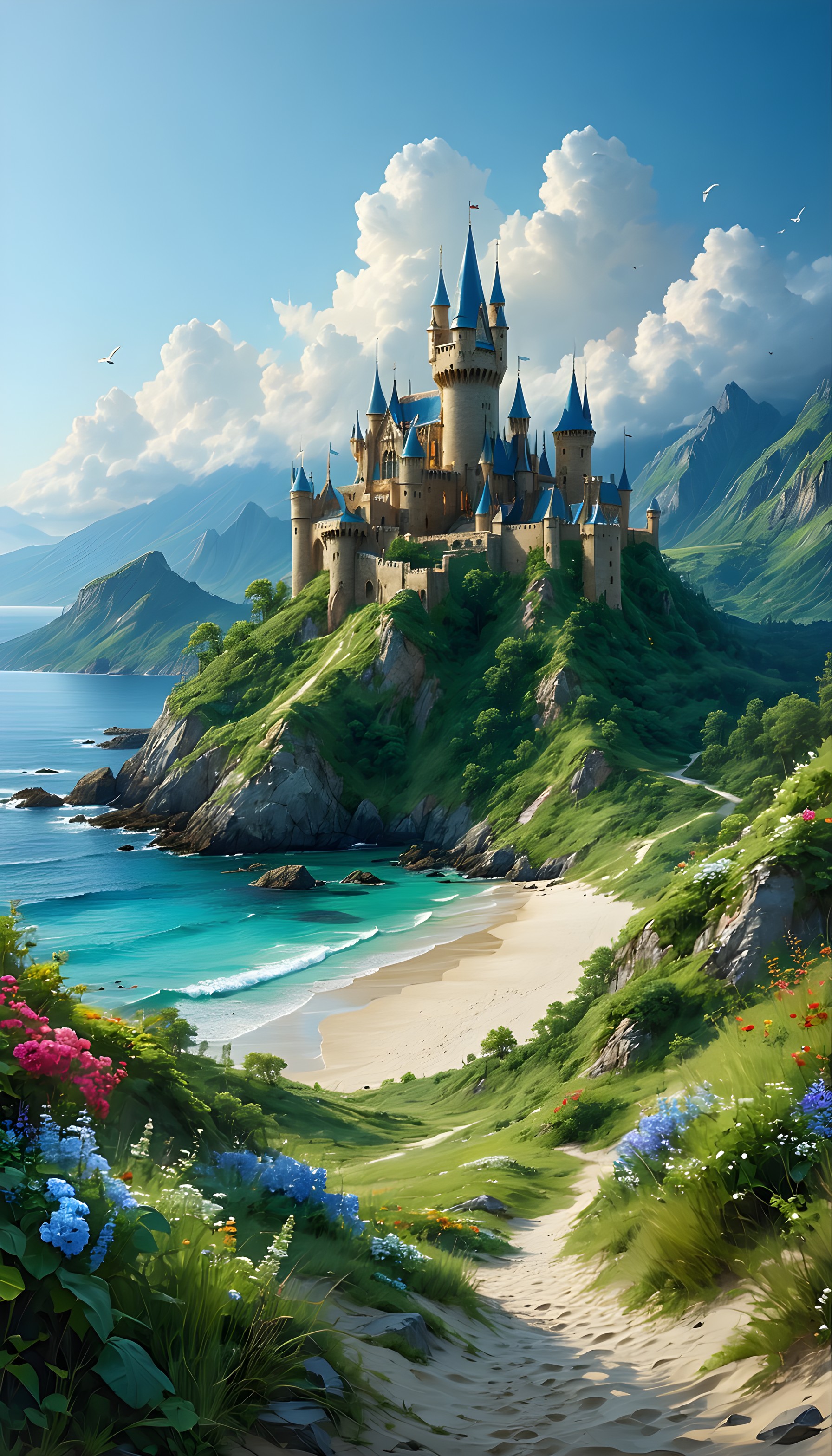 Fairytale Castle on Azure Coast with Wildflowers, fairytale castle, fantasy landscape, tropical beach, azure ocean, dreamy aesthetic, green hills