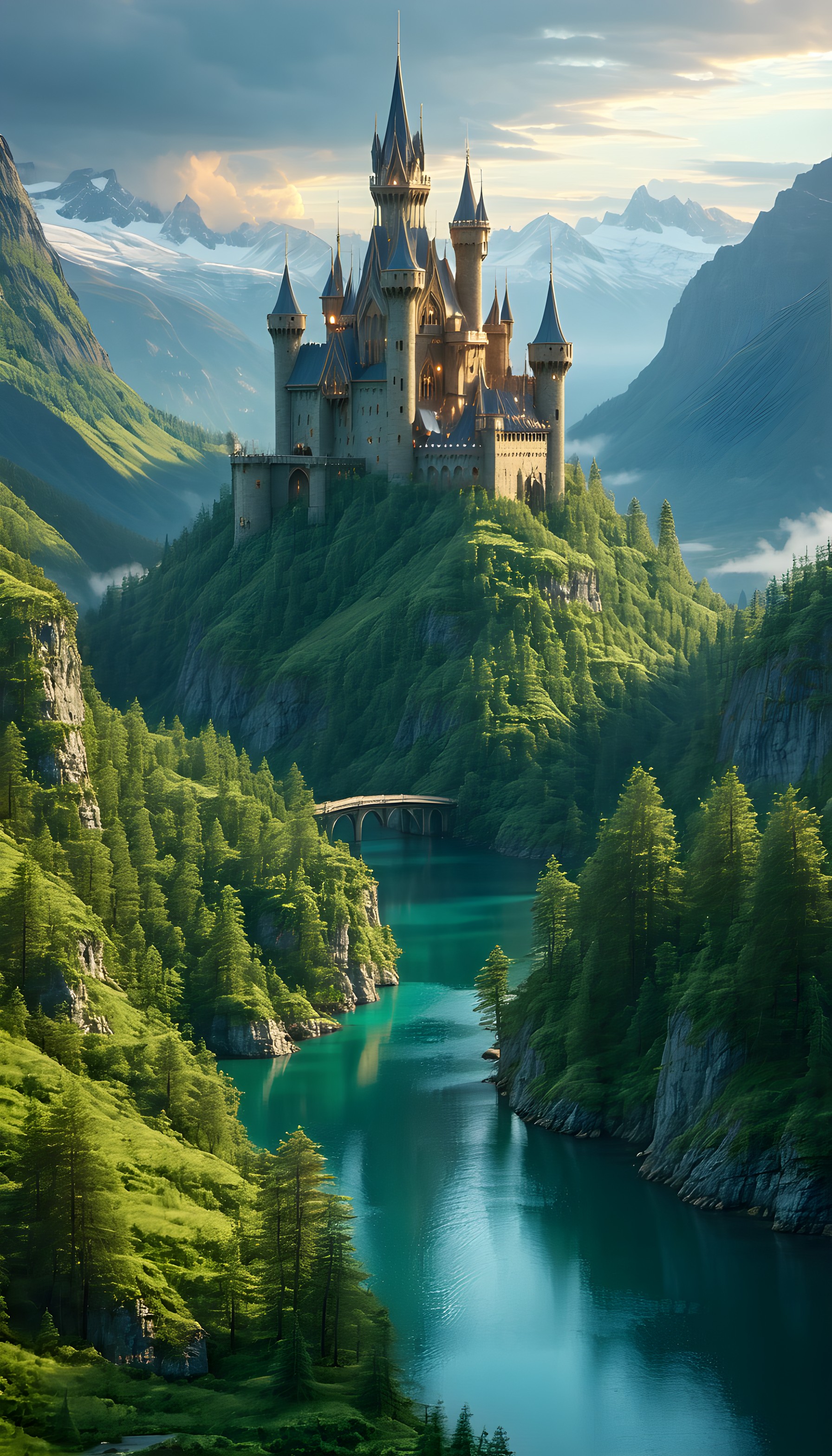 Enchanted Castle Valley, Turquoise River & Mountains, fantasy castle, fairytale landscape, enchanted valley, turquoise river, green forest, snow mountains
