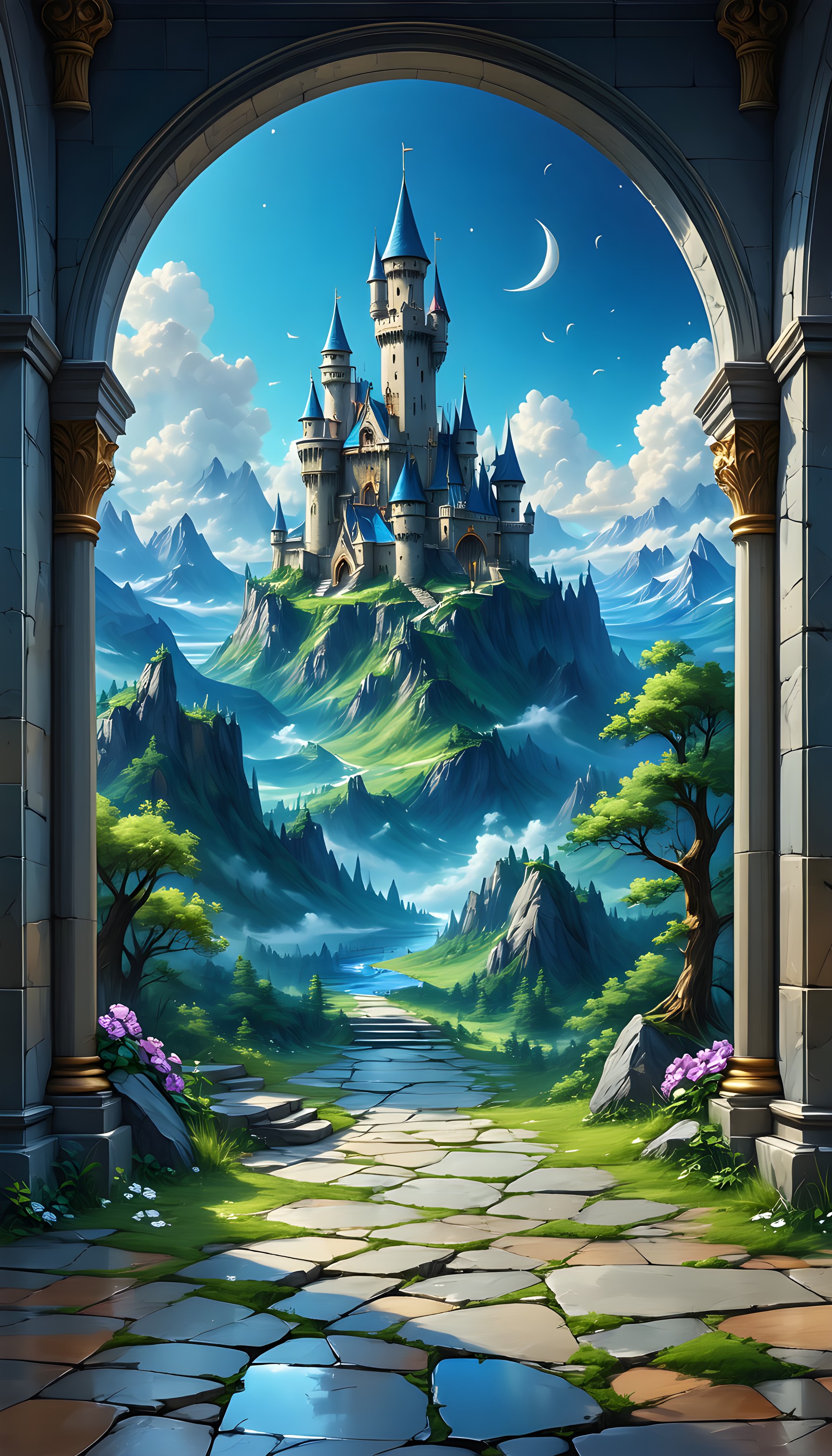 Magical Fantasy Castle Kingdom Archway Phone Wallpaper, fantasy castle, magical kingdom, enchanted landscape, stone archway, green mountains, blue sky