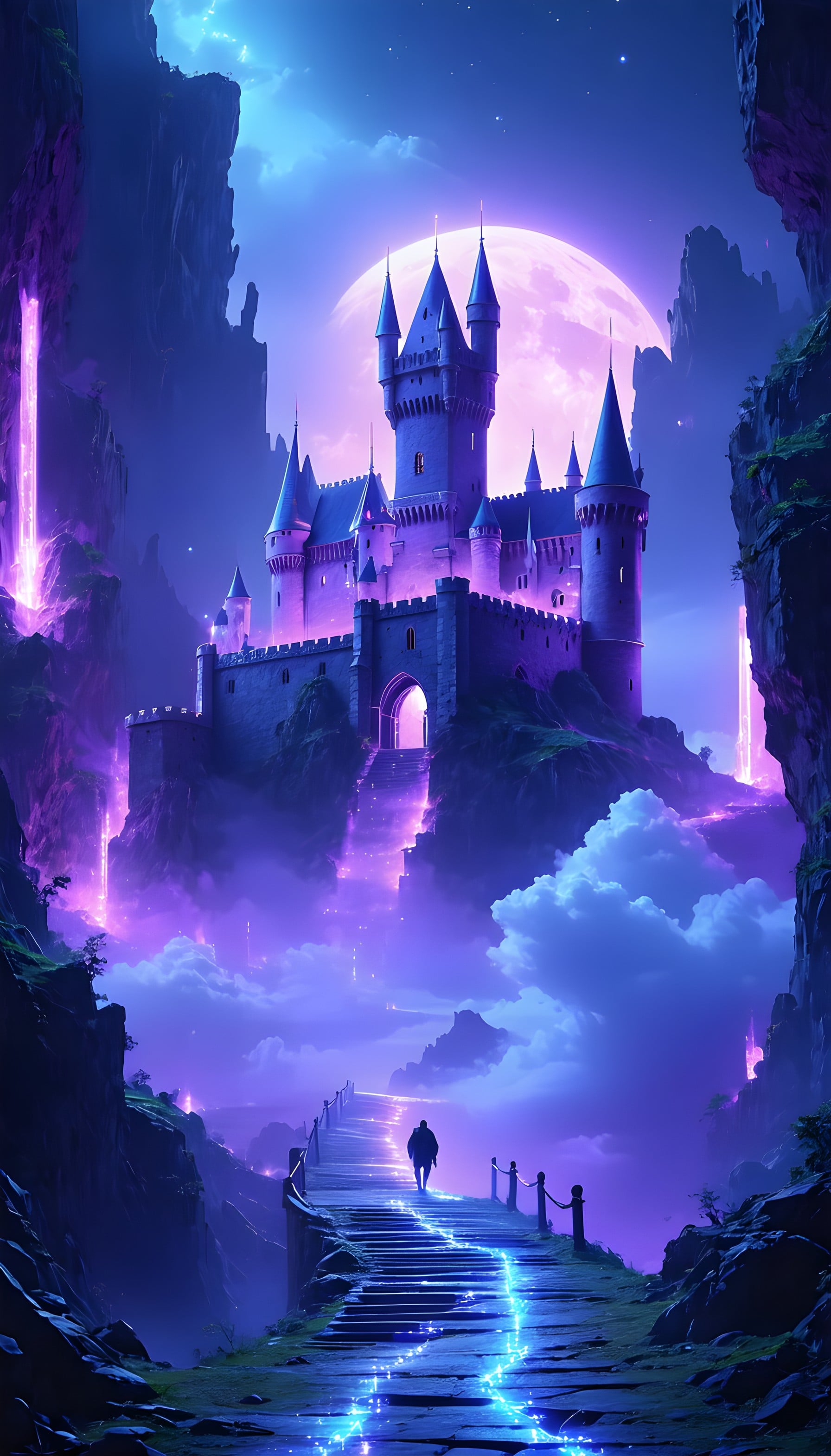 Fantasy Castle Under Luminous Purple Moon Wallpaper, fantasy castle, purple moon, glowing path, magical, ethereal, mystical