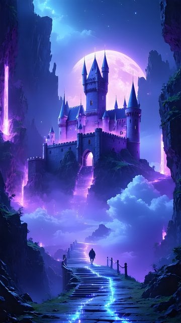 Fantasy Castle Under Luminous Purple Moon Wallpaper