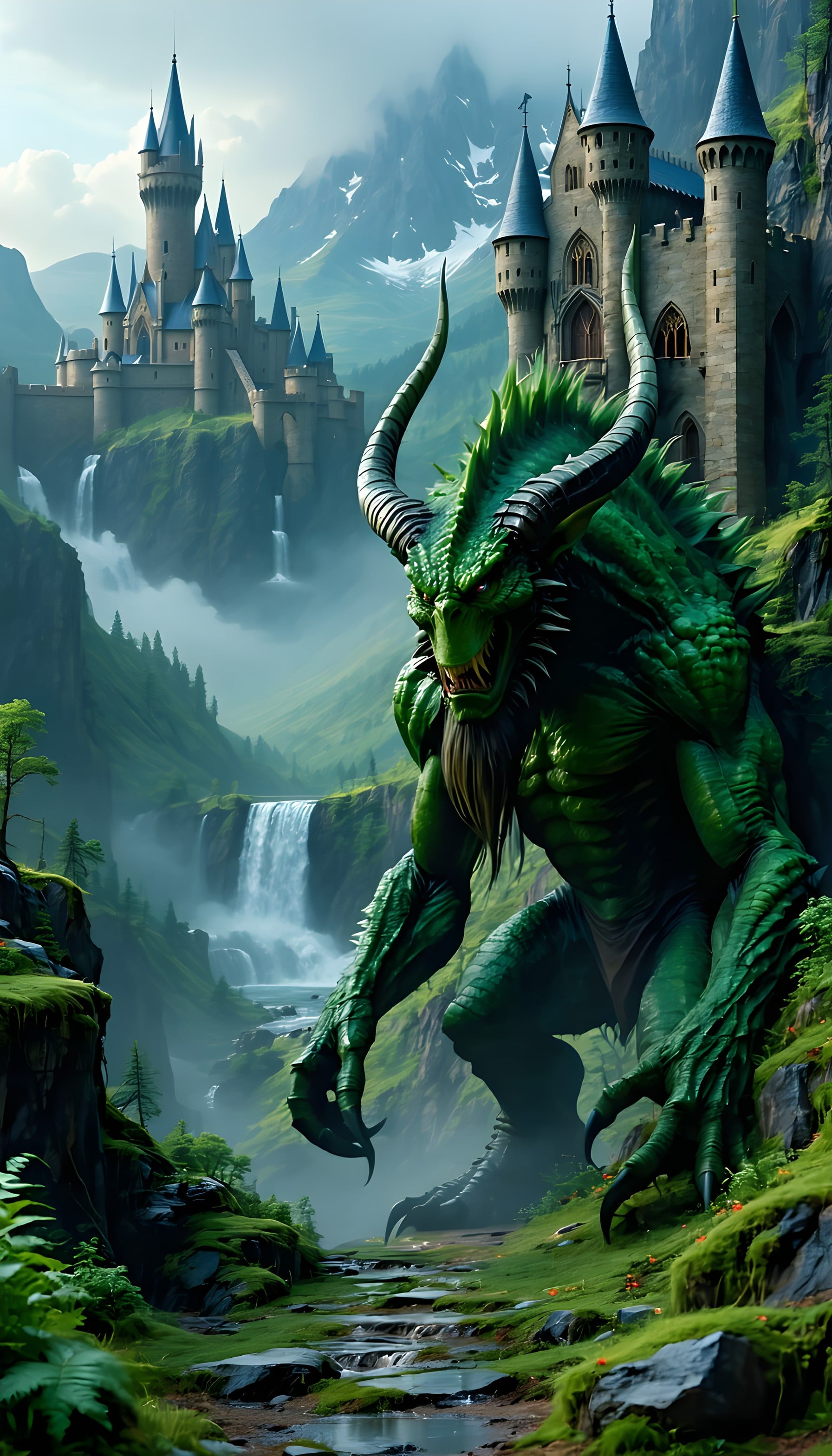 Epic Green Beast Castle Valley Mobile Wallpaper, fantasy creature, green beast, dragon, medieval castle, waterfall, mountain valley