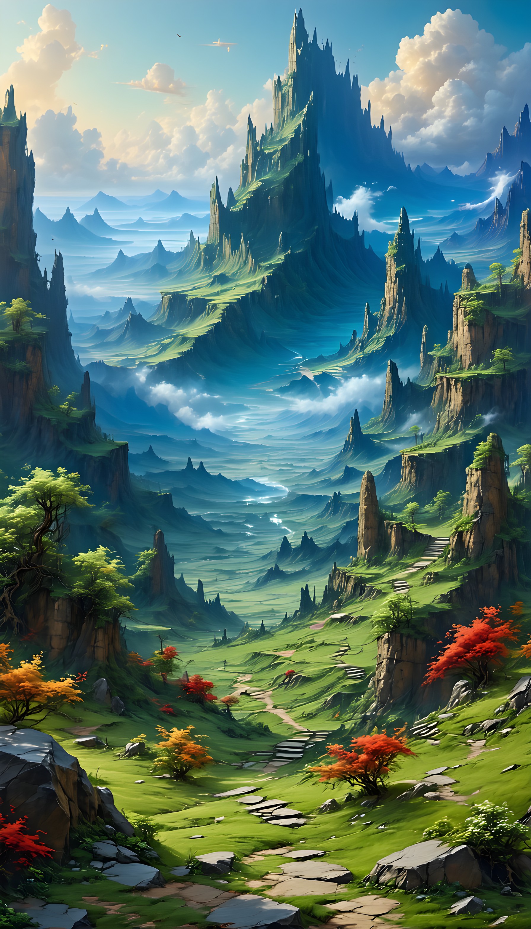 Enchanted Fantasy Valley Peaks Mobile Wallpaper, fantasy landscape, mystical valley, green mountains, digital art, epic nature, vibrant