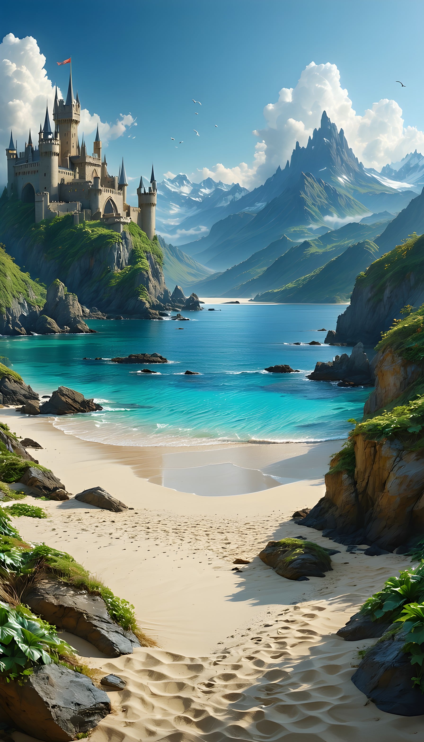 Fantasy Castle Beach Paradise Mobile Wallpaper, fantasy, castle, beach, ocean, mountains, landscape