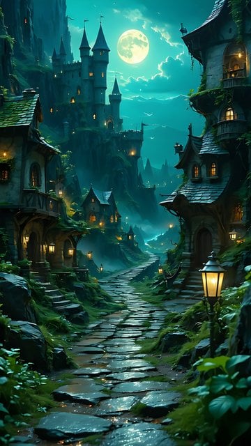 Enchanted Fantasy Village Moonlight Castle Wallpaper