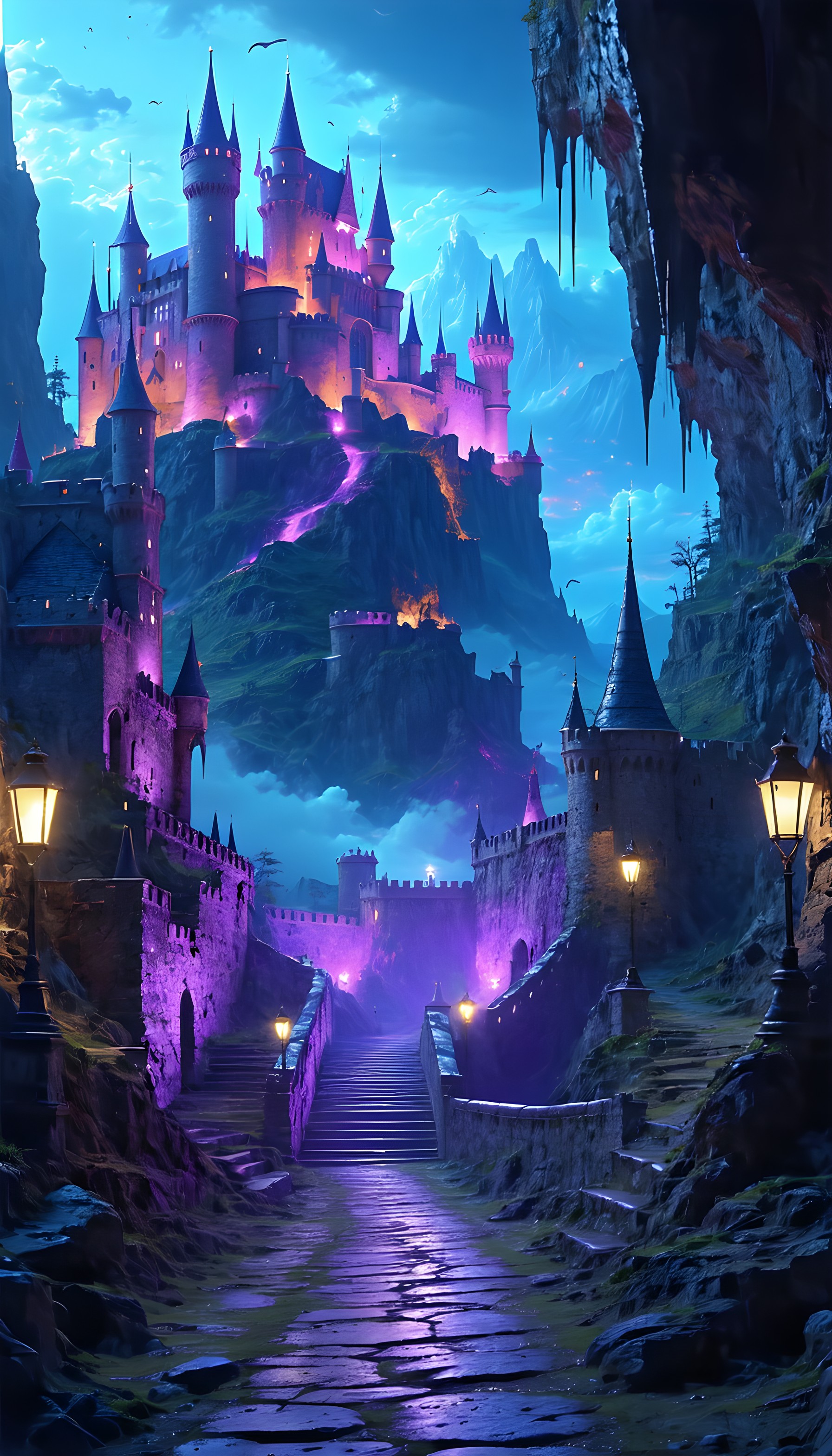 Enchanted Purple Castle Path Fantasy Mobile Wallpaper, fantasy castle, enchanted, purple aesthetic, magic kingdom, twilight, mystical
